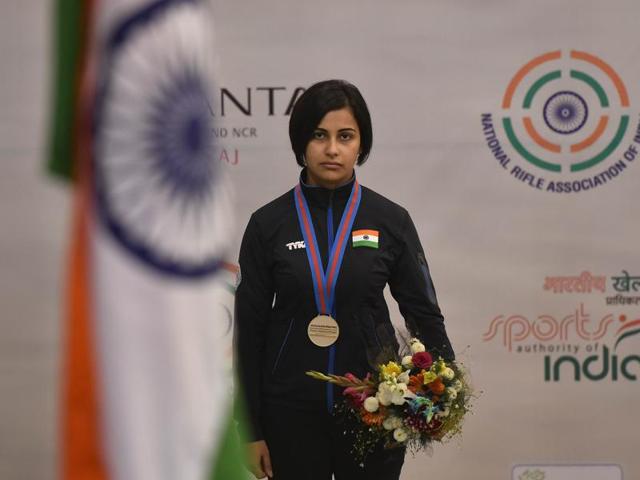 Sidhu on the podium after receiving her gold medal. (Ravi Choudhary/ HT Photo) Sidhu on the podium after receiving her gold medal. (Ravi Choudhary/ HT Photo)