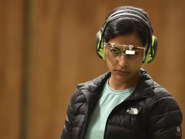 Sidhu is an image of concentration as she gets ready to take her shot during the final. (Ravi Choudhary/ HT Photo) Sidhu is an image of concentration as she gets ready to take her shot during the final. (Ravi Choudhary/ HT Photo)