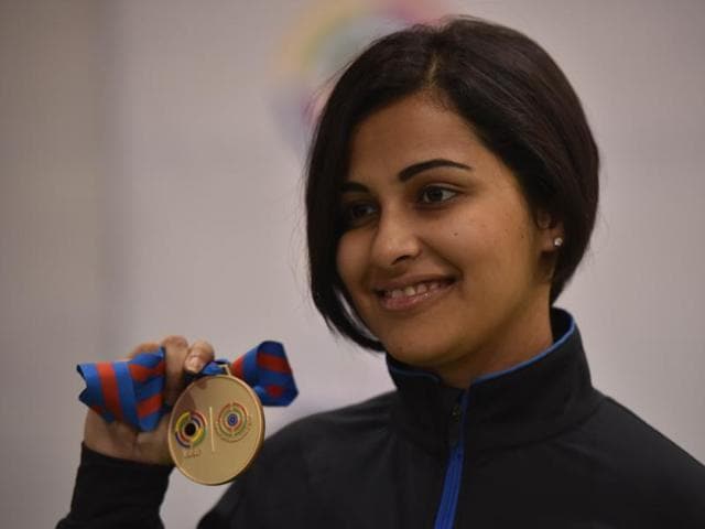 Sidhu with her medal. She qualified for the final by shooting 387 in the qualifying round. (Ravi Choudhary/ HT Photo) Sidhu with her medal. She qualified for the final by shooting 387 in the qualifying round. (Ravi Choudhary/ HT Photo)