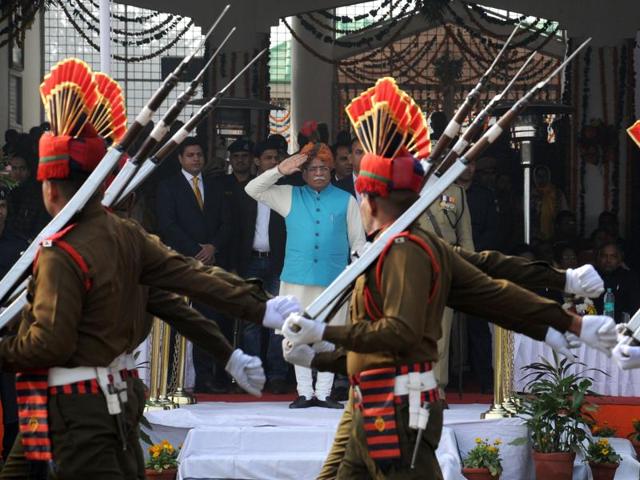 The state government felicitated 20 former prisoners at the official Republic Day function held in the Tau Devi Lal stadium on Tuesday.(Parveen Kumar/HT Photo)