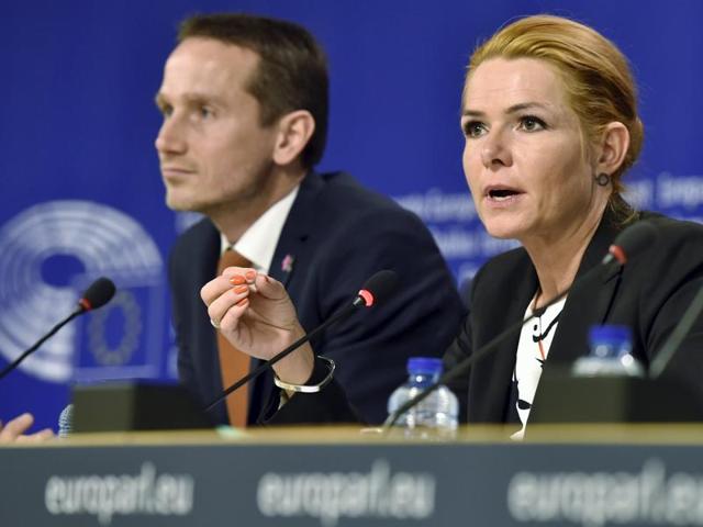 Denmark's foreign minister Kristian Jensen and immigration and integration minister Inger Stojberg inform media persons about the new Danish asylum laws. (REUTERS) Denmark's foreign minister Kristian Jensen and immigration and integration minister Inger Stojberg inform media persons about the new Danish asylum laws. (REUTERS)