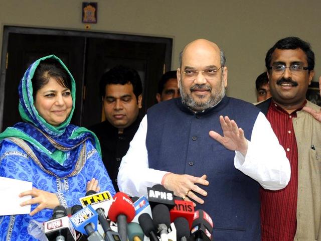 BJP president Amit Shah and PDP chief Mehbooba Mufti during a press conference in New Delhi. (HT File Photo) BJP president Amit Shah and PDP chief Mehbooba Mufti during a press conference in New Delhi. (HT File Photo)