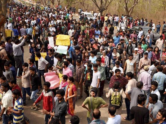 Members of various student organisations collected at Arts Faculty in North Campus to express solidarity with the Dalit Student Rohith Vemula who committed suicide in New Delhi, India, on Monday (Hindustan Times) Members of various student organisations collected at Arts Faculty in North Campus to express solidarity with the Dalit Student Rohith Vemula who committed suicide in New Delhi, India, on Monday (Hindustan Times)