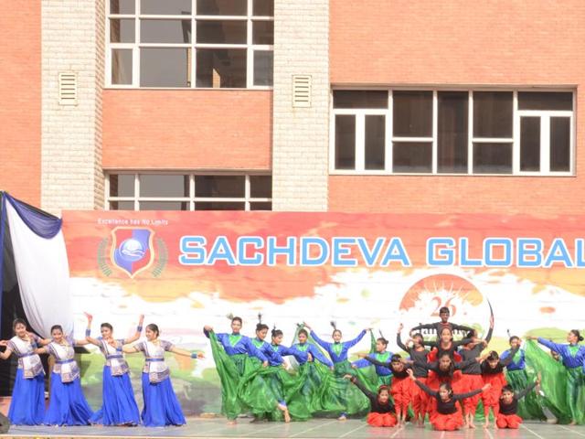 The auspicious 67th Republic Day celebrations at Sachdeva Global School, Dwarka, started with offering of salutations to the nation and hoisting of the national flag, accompanied by the school band playing the national anthem LIVE. The celebration commended with release of bunch of tricolour balloons by the Chairman. (HT PACE)