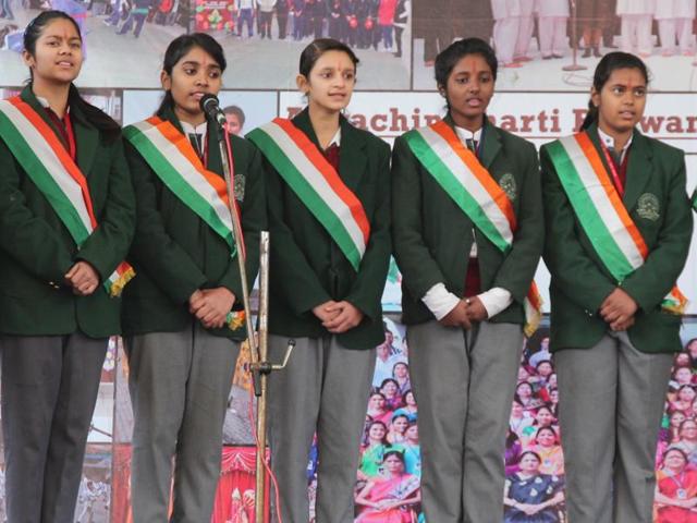 The fervour and hues of patriotism were spread in the premises of Arwachin Bharti Bhawan Sr Sec School, Vivek Vihar, as the 67th Republic Day was celebrated with all its zeal and enthusiasm. The feeling of fraternity and unity among all was evoked on the tunes of Patriotic Song sung by Young Arwachinities ‘’Jab Tak Antim Boond Rakt Ki….” (HT PACE)