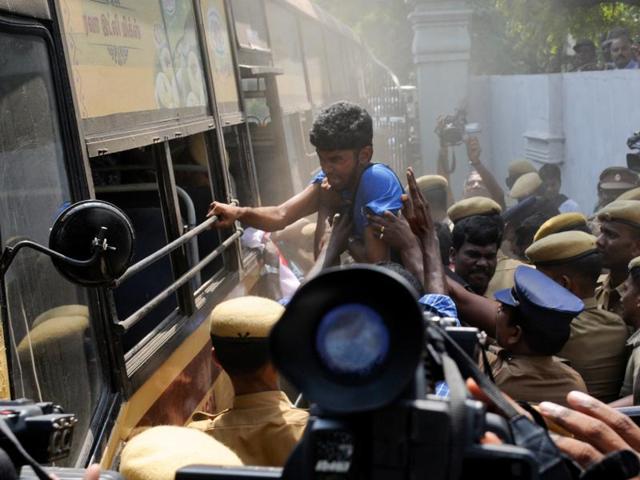 Students of SVS Naturopathy and Yoga College, Villupuram, congregated outside the main gate of MGR Medical University campus in Chennai on Thursday.(KV Lakshmana/HT Photo)