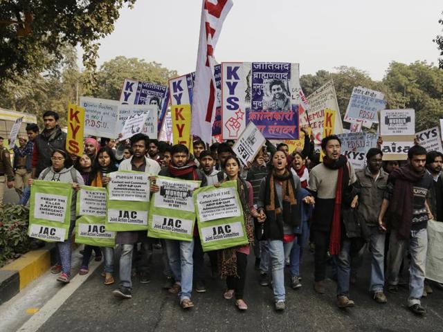 Students march towards the office of India's education minister during a protest. (AP) Students march towards the office of India's education minister during a protest. (AP)