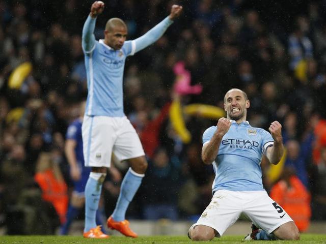 Sergio Aguero celebrates with team mates after scoring the third goal for Manchester City during the League Cup semifinal second leg match against Everton at the Etihad Stadium on January 27, 2016. (Reuters Photo) Sergio Aguero celebrates with team mates after scoring the third goal for Manchester City during the League Cup semifinal second leg match against Everton at the Etihad Stadium on January 27, 2016. (Reuters Photo)