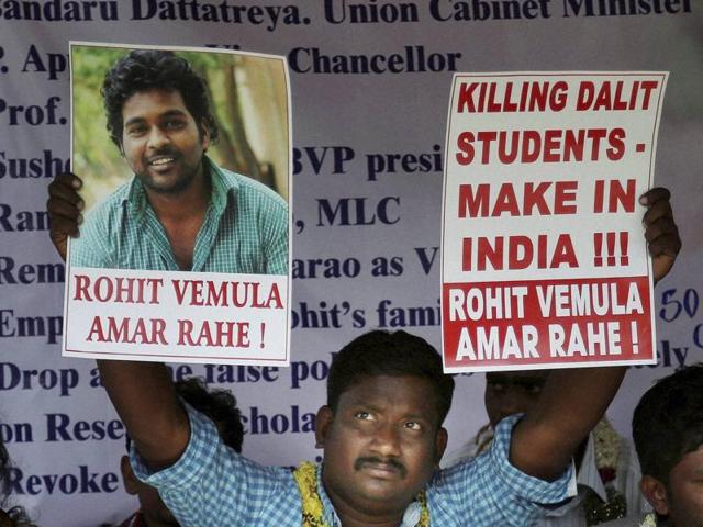 A student holds a banner and a photograph of Rohith Vemula. (PTI Photo) A student holds a banner and a photograph of Rohith Vemula. (PTI Photo)