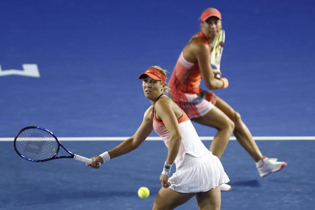 Czech Republic’s Andrea Hlavackova, front, and Lucie Hradecka watch a return shot. (AP) Czech Republic’s Andrea Hlavackova, front, and Lucie Hradecka watch a return shot. (AP)