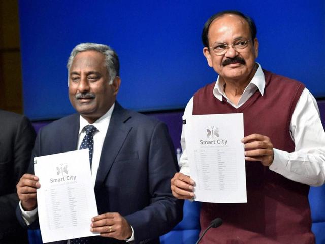 Union minister of urban development M Venkaiah Naidu releases the list of 20 smart cities at a press conference in New Delhi on Thursday. (Kamal Singh/PTI) Union minister of urban development M Venkaiah Naidu releases the list of 20 smart cities at a press conference in New Delhi on Thursday. (Kamal Singh/PTI)