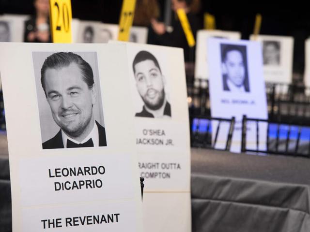 Name cards are displayed during the 22nd Annual Screen Actors Guild Awards. Leonardo DiCaprio and O’Shea Jackson, Jr are neighbours. (AFP) Name cards are displayed during the 22nd Annual Screen Actors Guild Awards. Leonardo DiCaprio and O’Shea Jackson, Jr are neighbours. (AFP)