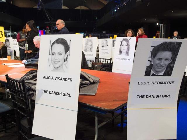 Name cards of The Danish Girl cast members Alicia Vikander and Eddie Redmayne are displayed during the 22nd Annual Screen Actors Guild Awards. (AFP) Name cards of The Danish Girl cast members Alicia Vikander and Eddie Redmayne are displayed during the 22nd Annual Screen Actors Guild Awards. (AFP)
