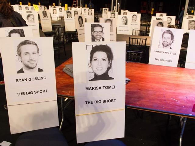Name cards of the Big Short cast are displayed during the 22nd Annual Screen Actors Guild Awards. Ryan Gosling, Marisa Tomei, Steve Carell and Hamish Linklater will be table-mates. (AFP) Name cards of the Big Short cast are displayed during the 22nd Annual Screen Actors Guild Awards. Ryan Gosling, Marisa Tomei, Steve Carell and Hamish Linklater will be table-mates. (AFP)