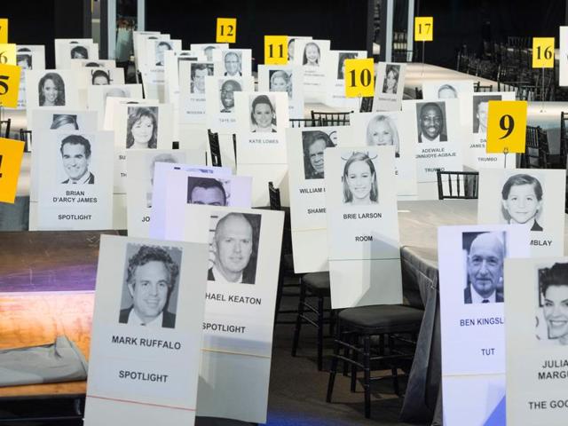 The name cards for the cast of Room and Spotlight are displayed during the 22nd Annual Screen Actors Guild Awards. (AFP) The name cards for the cast of Room and Spotlight are displayed during the 22nd Annual Screen Actors Guild Awards. (AFP)