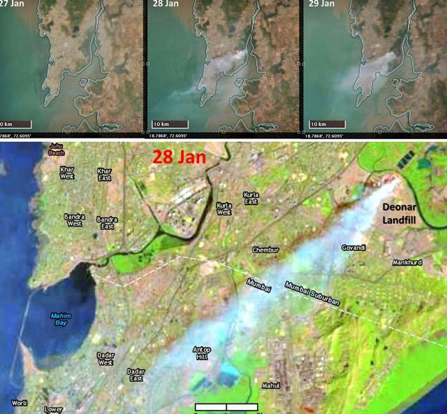 NASA satellite has captured images of the smoke emanating from the Deonar dumping ground between January 27 and 29 which resulted in poor air quality levels. Photos show the large plume of smoke moving towards the Arabian Sea. The collation of the satellite images had been done by Ritesh Gautam, professor at IIT Bombay. (Image credit: Dr. Ritesh Gautam, IIT Bombay; Satellite data source: NASA NPP VIIRS and Landsat 8 OLI) NASA satellite has captured images of the smoke emanating from the Deonar dumping ground between January 27 and 29 which resulted in poor air quality levels. Photos show the large plume of smoke moving towards the Arabian Sea. The collation of the satellite images had been done by Ritesh Gautam, professor at IIT Bombay. (Image credit: Dr. Ritesh Gautam, IIT Bombay; Satellite data source: NASA NPP VIIRS and Landsat 8 OLI)