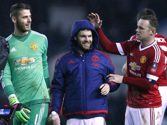 Daley Blind celebrates with team mates after scoring the second goal for Manchester United. (Reuters Photo) Daley Blind celebrates with team mates after scoring the second goal for Manchester United. (Reuters Photo)