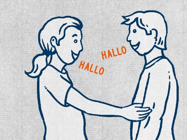 Photo provided by Bayerischer Rundfunk shows a picture of the online brochure published by the German public broadcaster telling newcomers in one pen-and-ink cartoon frame how to say hello to each other.(Bayerischer Rundfunk via AP)