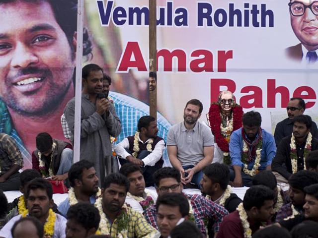 Congress vice-president Rahul Gandhi interacts with agitating students at University of Hyderabad on Saturday. (PTI) Congress vice-president Rahul Gandhi interacts with agitating students at University of Hyderabad on Saturday. (PTI)