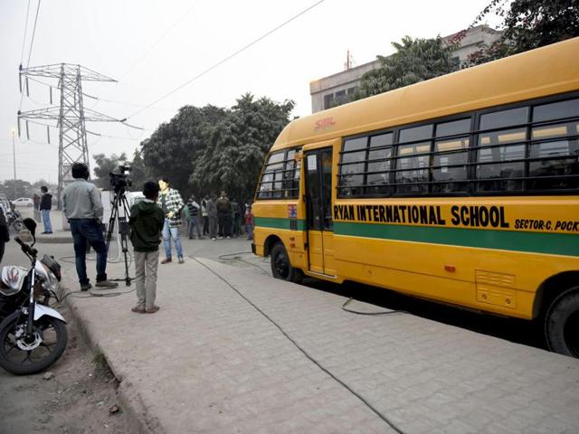 The boy, a Class 1 student at Ryan International school in Vasant Kunj, was found unconscious. The school authorities took him to a hospital where he was declared brought dead.(Mohammad Zakir/HT Photo) The boy, a Class 1 student at Ryan International school in Vasant Kunj, was found unconscious. The school authorities took him to a hospital where he was declared brought dead.(Mohammad Zakir/HT Photo)