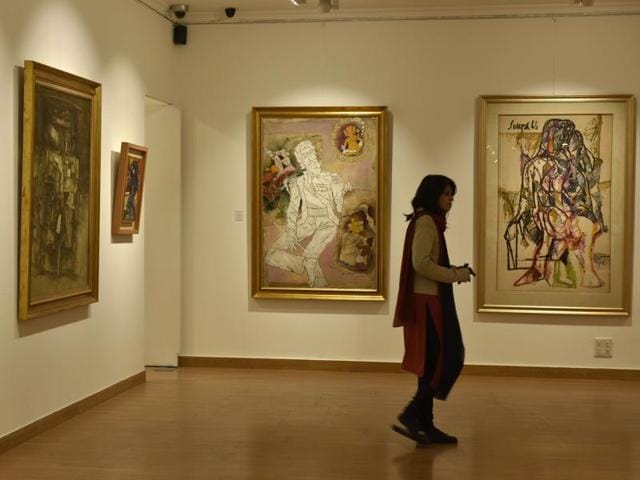 Works of M F Husain, Sonam Qadri, Souza and others on display in Delhi’s Kumar Gallery.(Saumya Khandelwal/HT Photo) Works of M F Husain, Sonam Qadri, Souza and others on display in Delhi’s Kumar Gallery.(Saumya Khandelwal/HT Photo)