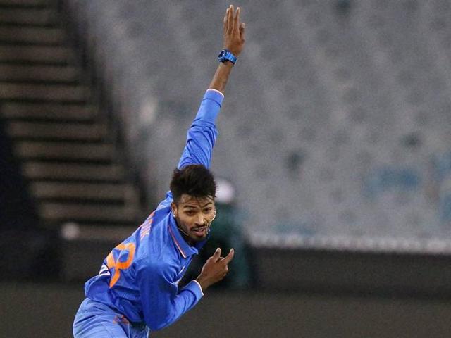 Hardik Pandya’s change in line, left, helped him land the wicket of Chris Lynn, right.(AP Photo)