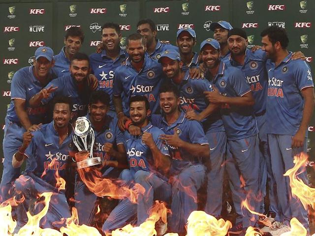 India Cricket team celebrates winning the T20 International cricket series against Australia. (AP Photo) 
