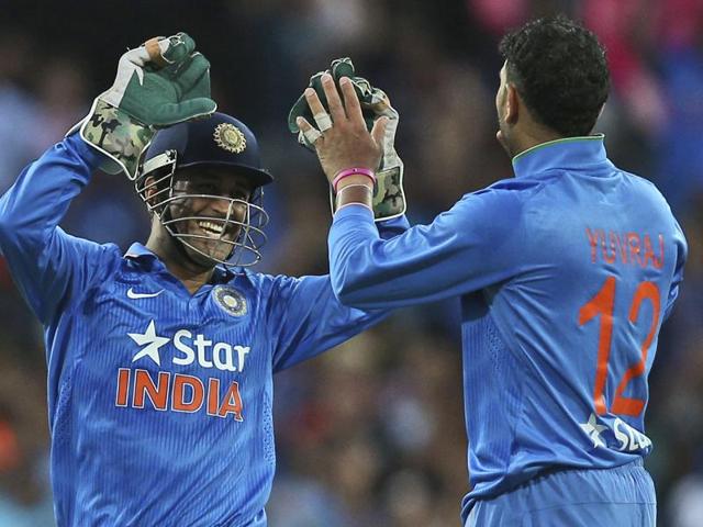 Indian bowler Yuvraj Singh celebrates with MS Dhoni after taking the wicket of Australia's Glenn Maxwell. (AP Photo) Indian bowler Yuvraj Singh celebrates with MS Dhoni after taking the wicket of Australia's Glenn Maxwell. (AP Photo)