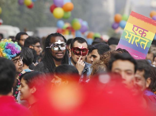 New Delhi, India – 2015 November 29: LGBT (Lesbian, Gay, Bisexual and Transgender) activists and supporters celebrated during the 8th Anniversary of the” DELHI QUEER PRIDE “march from Barakhamba Road to Jantar Mantar on November 29, 2015 in New Delhi, India, on Sunday. (Photograph by Raj k Raj/Hindustan Times)