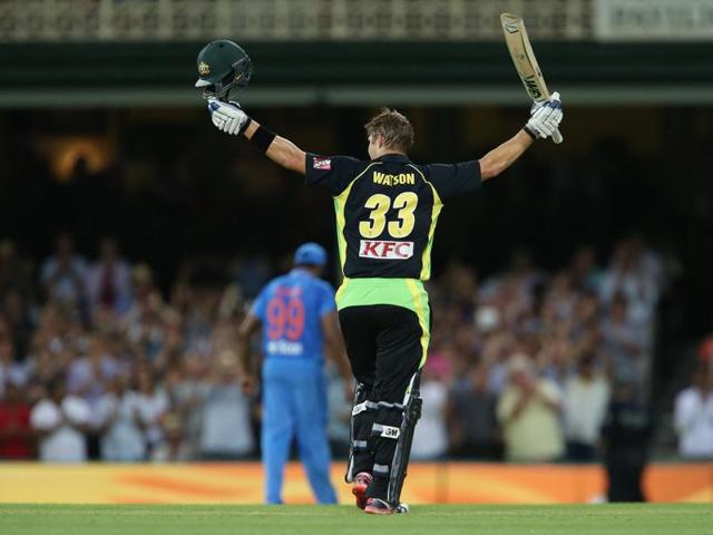 Shane Watson of Australia celebrates his century. (AFP Photo) 