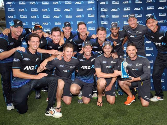 Adam Milne (L) and Mitchell Santner (R) of New Zealand smile after scoring the winning runs during the third one-day international cricket match against Pakistan at Eden Park in Auckland on January 31, 2016. (AFP) Adam Milne (L) and Mitchell Santner (R) of New Zealand smile after scoring the winning runs during the third one-day international cricket match against Pakistan at Eden Park in Auckland on January 31, 2016. (AFP)