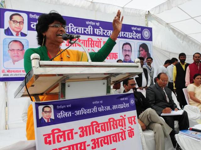Dalit IAS officer Shashi Karnawat addresses a gathering during a dharna organised by Dalit-Adivasi forum in Bhopal. (HT File Photo) Dalit IAS officer Shashi Karnawat addresses a gathering during a dharna organised by Dalit-Adivasi forum in Bhopal. (HT File Photo)