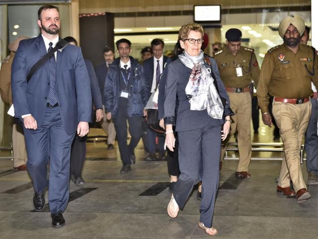 Kathleen Wynne had landed at Sri Guru Ram Dass Jee International Airport, Amritsar along with other delegates on Saturday. (Gurpreet Singh/HT Photo)