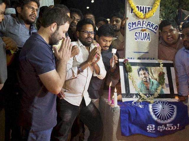 For more than 12 hours, Congress vice-president Rahul Gandhi sat with students and the family members of Rohith Vemula who are on hunger strike, demanding justice.(PTI Photo)