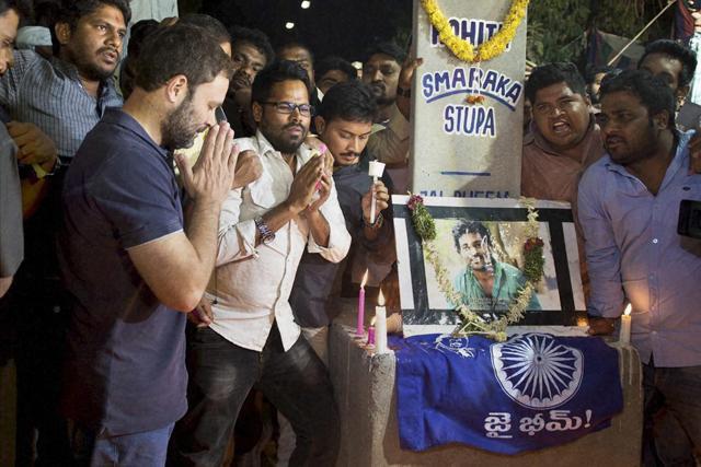 Congress vice president Rahul Gandhi lights a candle at Rohith Vemula’s memorial during a visit to the University of Hyderabad. (PTI) Congress vice president Rahul Gandhi lights a candle at Rohith Vemula’s memorial during a visit to the University of Hyderabad. (PTI)
