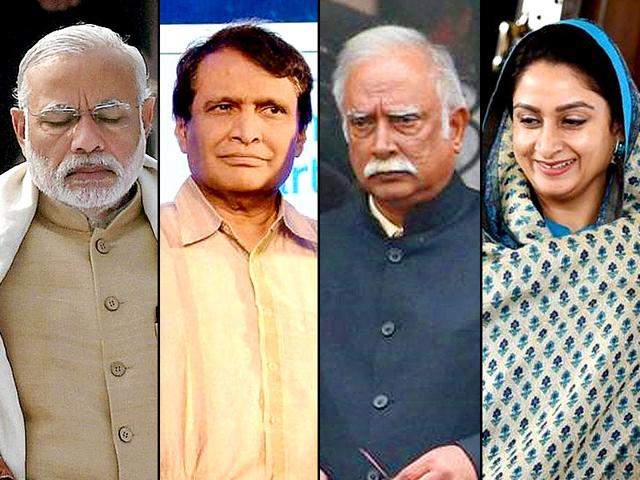 A combination photograph of Prime Minister Narendra Modi, railway minister Suresh Prabhu, civil aviation minister Ashok Gajapati Raju and ood processing industries minister Harsimrat Kaur Badal. (Agencies) A combination photograph of Prime Minister Narendra Modi, railway minister Suresh Prabhu, civil aviation minister Ashok Gajapati Raju and ood processing industries minister Harsimrat Kaur Badal. (Agencies)