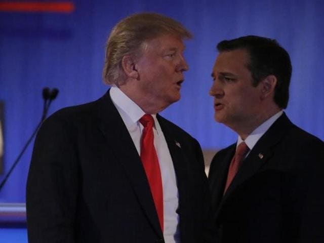 Republican US presidential candidate businessman Donald Trump and rival candidate Senator Ted Cruz (R) cross paths during a debate in North Charleston, South Carolina. (Reuters) Republican US presidential candidate businessman Donald Trump and rival candidate Senator Ted Cruz (R) cross paths during a debate in North Charleston, South Carolina. (Reuters)