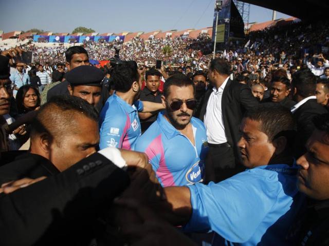 Bollywood actor Salman Khan, centre arrives for the Celebrity Cricket League in Ahmedabad. (AP) 