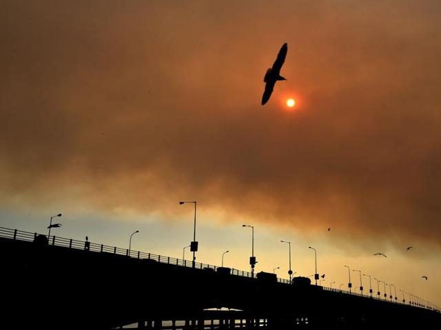Smoke created due to the Deonar fire created a fog-like situation at Vashi Creek Bridge Sion Panvel Highway in Navi Mumbai. (Bachchan Kumar/HT)