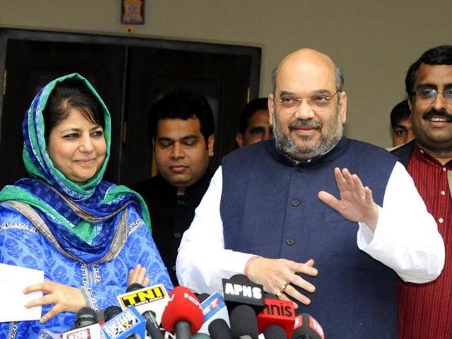 BJP president Amit Shah addresses the media after a meeting with PDP leader Mehbooba Mufti in New Delhi. (HT Photo) BJP president Amit Shah addresses the media after a meeting with PDP leader Mehbooba Mufti in New Delhi. (HT Photo)