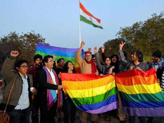 Gay rights supporters celebrate after the Supreme Court agreed to hear the petition on Section 377 which makes gay sex a criminal offence, in New Delhi on Tuesday. (PTI) Gay rights supporters celebrate after the Supreme Court agreed to hear the petition on Section 377 which makes gay sex a criminal offence, in New Delhi on Tuesday. (PTI)