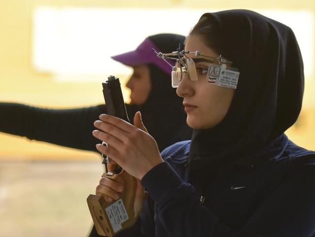 Iranian shooter Rostamiyan H. practising during the Asian Olympic Qualifying Competition at Dr Karni Singh Shooting Range. (HT Photo) 
