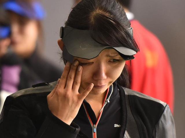 Japanese Shooter SHIMIZU Ayano after losing match during the Asian Olympic Qualifying Competition. (HT Photo) 