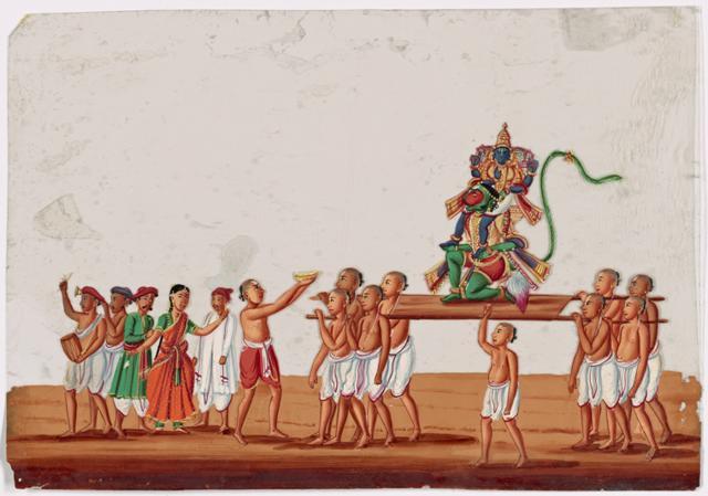 Festival procession with Hanuman idol, 8 bearers with shaved heads, attendants, and a crowd of onlookers making offerings (New York Public Library Digital Collections )