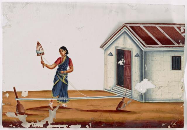 Female spinner in front of white building (New York Public Library Digital Collections )