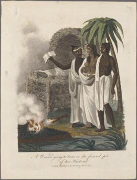 A woman going to burn on the funeral pile of her husband. (New York Public Library Digital Collections )