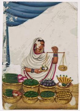 Seated female fruit vendor in white sari holding a balance (New York Public Library Digital Collections )