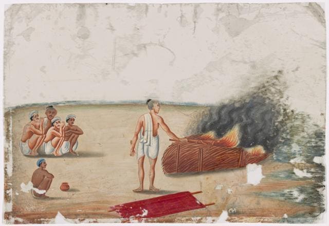 Funeral pyre set afire by a man in white dhoti, 5 men are observing the act (New York Public Library Digital Collections )