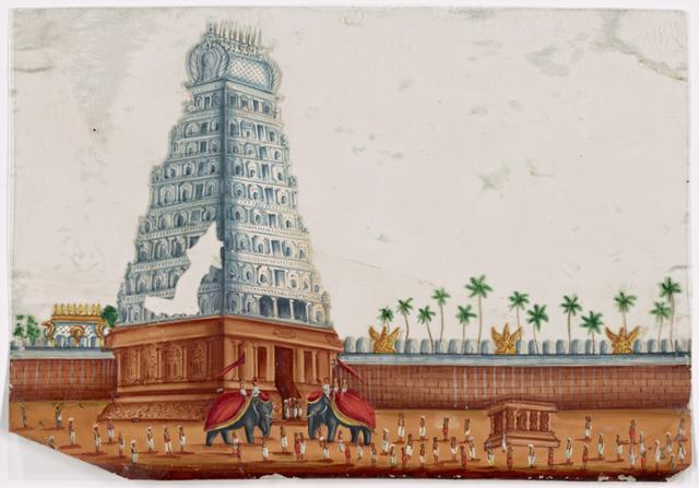 Two elephants, howdahs, mahouts and public outside a temple (New York Public Library Digital Collections )