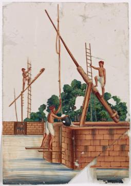 Three men on river structures with ladders and levers (New York Public Library Digital Collections )